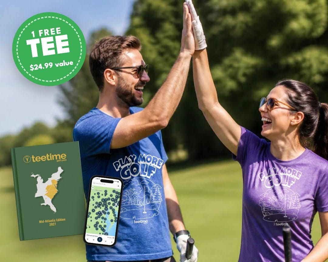 Two golfers in Play More Golf tees giving each other a high five, with the 2027 TeeTime Golf Pass book, app and a 1 free tee badge
